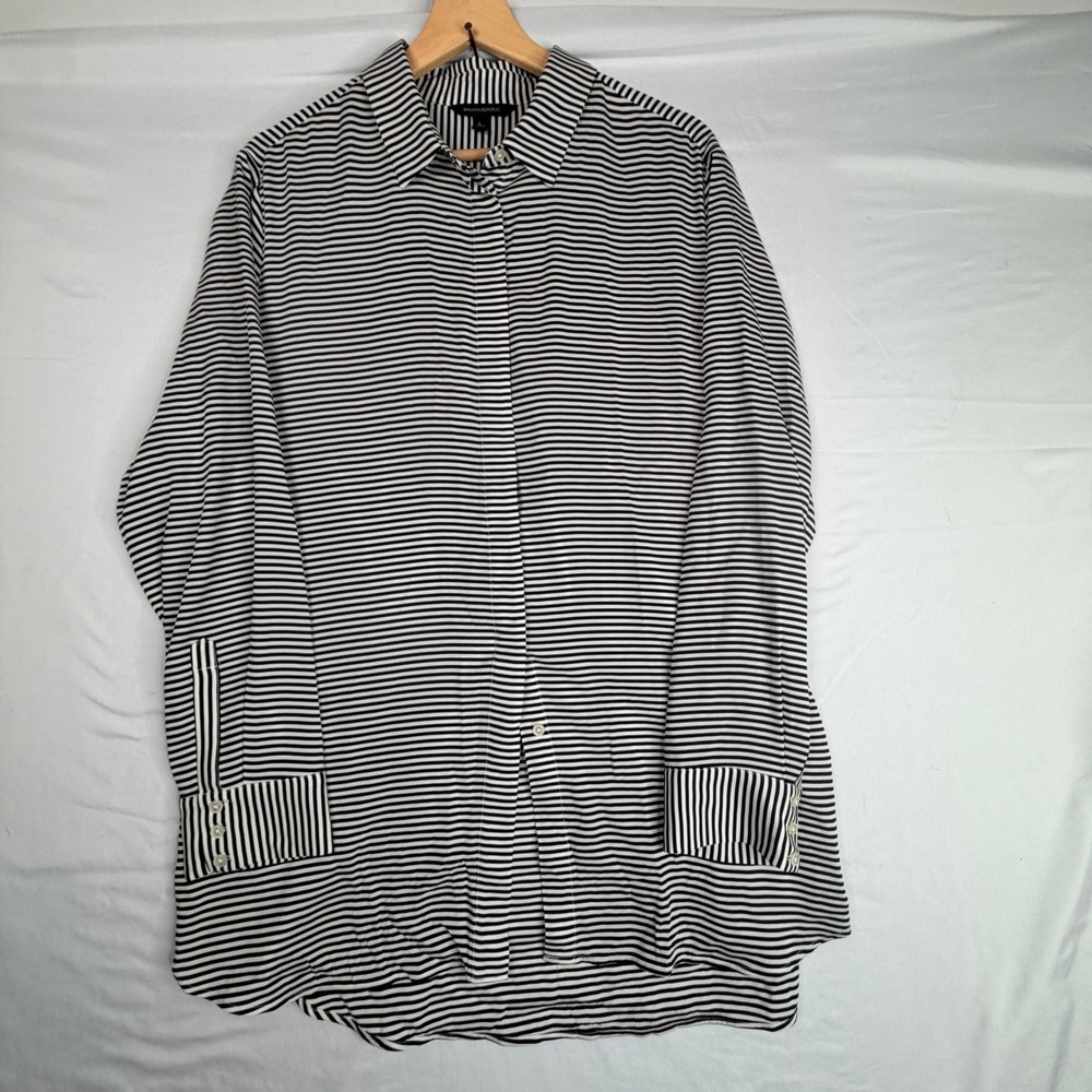 Banana Republic Womens Large Black White Striped Button Down Blouse Long Sleeve